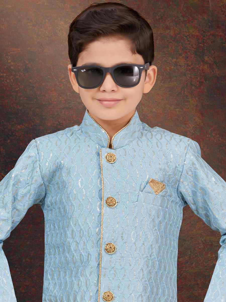 Sky Blue Art Silk Embroidered Festival Wedding Kurta Pyjama Boys Wear