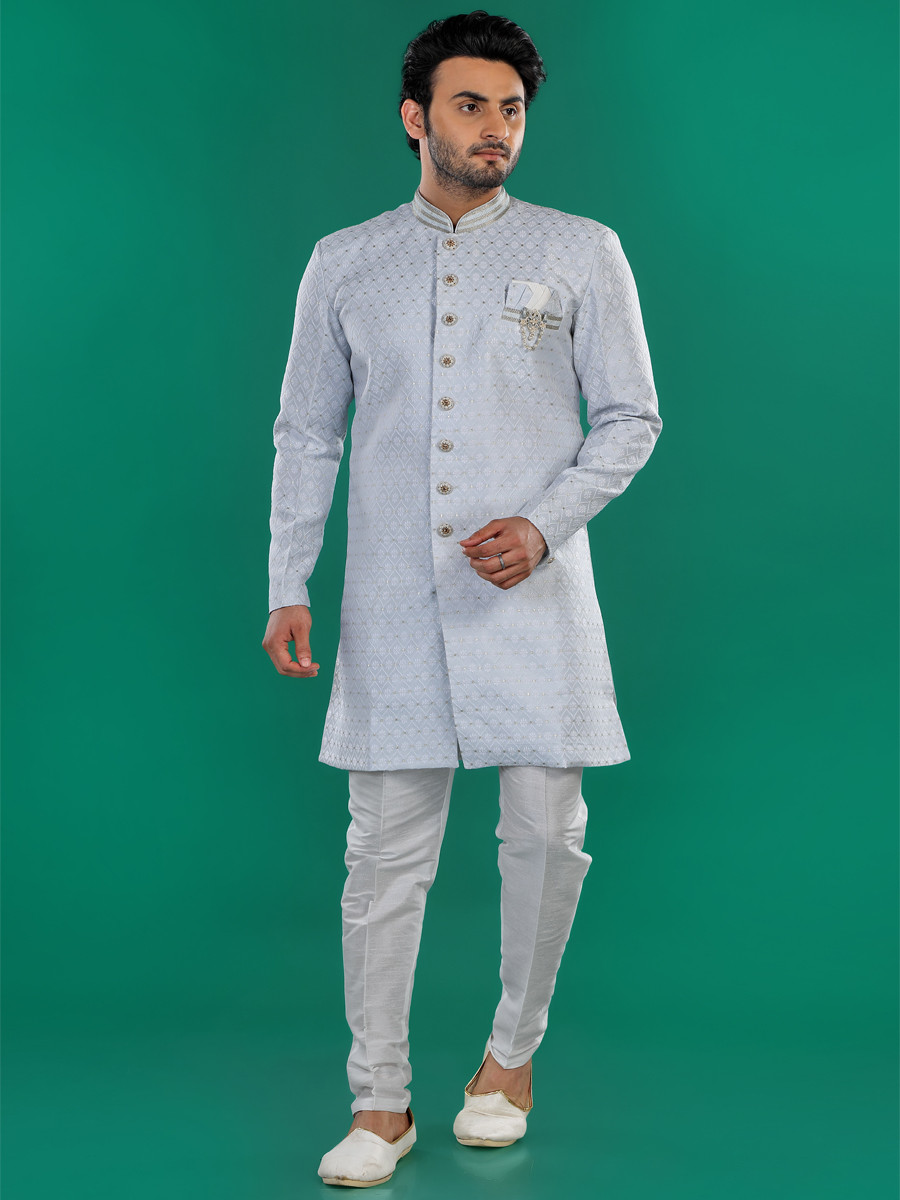 Sky Blue Art Silk Embroidered Party Wedding Kurta