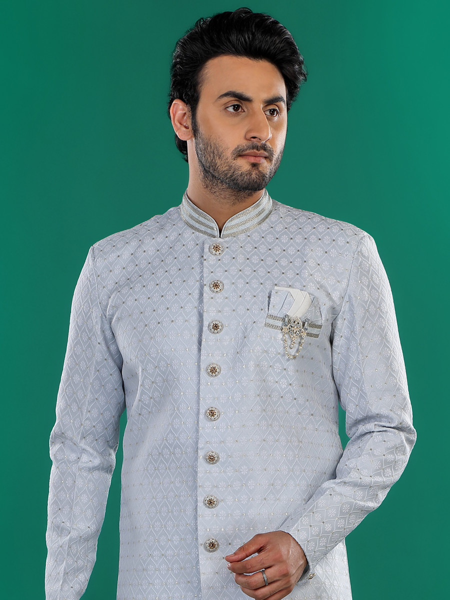 Sky Blue Art Silk Embroidered Party Wedding Kurta