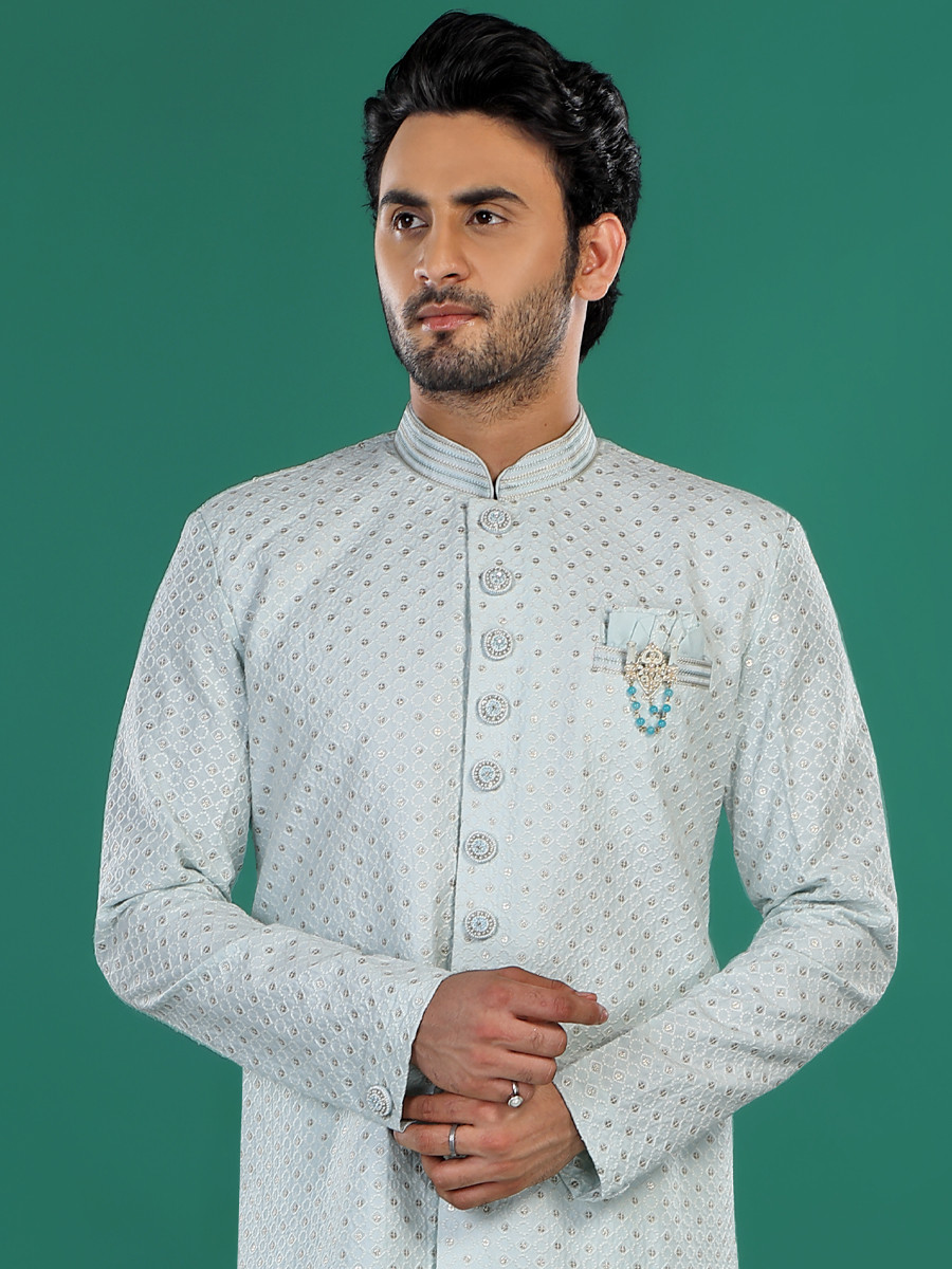 Sky Blue Art Silk Embroidered Party Wedding Kurta