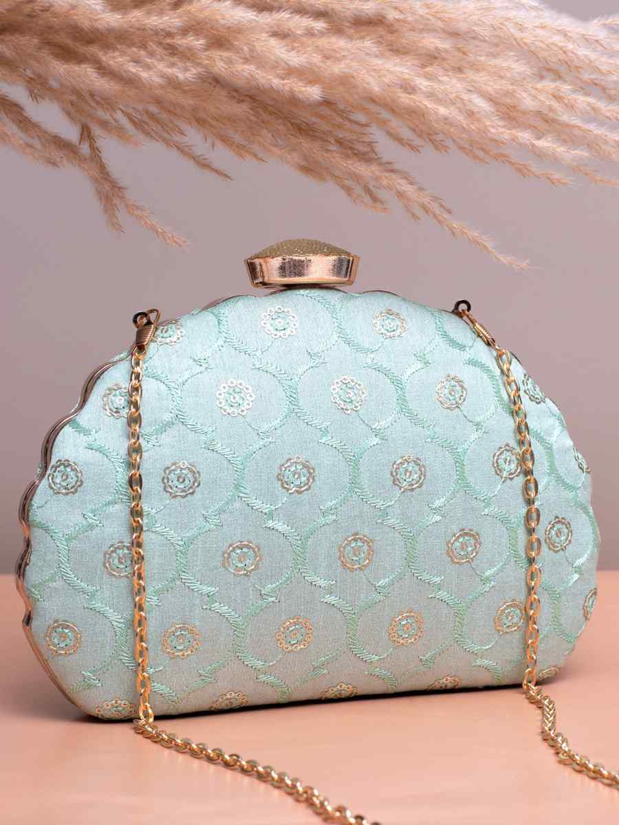 Sky Blue Art Silk Party Wear Embroidered Clutches