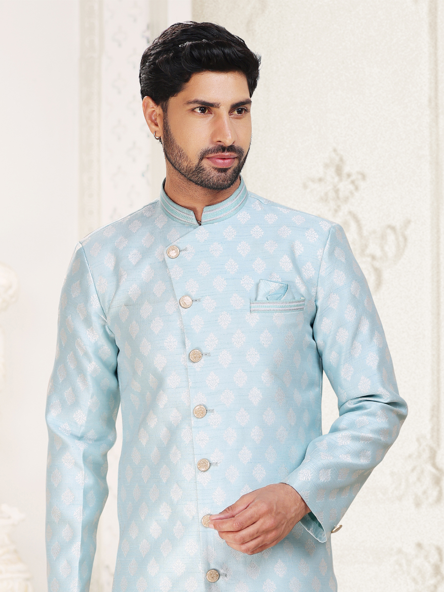 Sky Blue Banarasi Jacquard Woven Wedding Party Sherwani