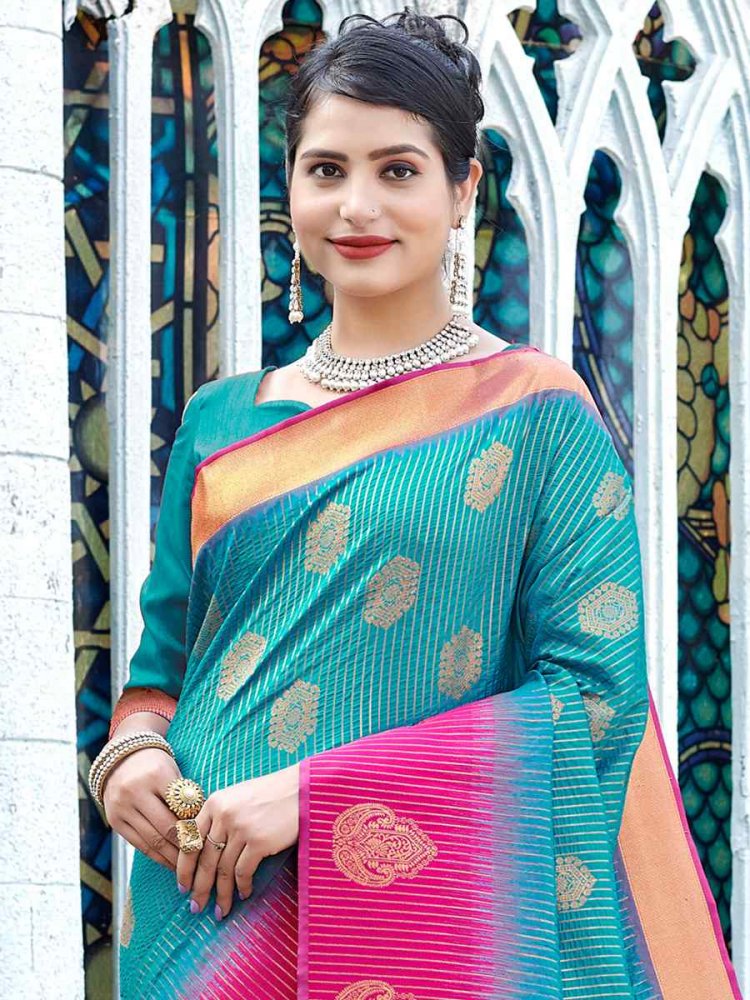 Buy Sky Blue Banarasi Silk Saree With Blouse online-Karagiri