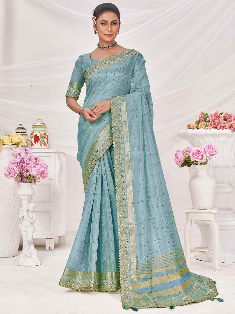 Sky Blue Banarasi Zari Silk Embroidered Wedding Festival Heavy Border Saree