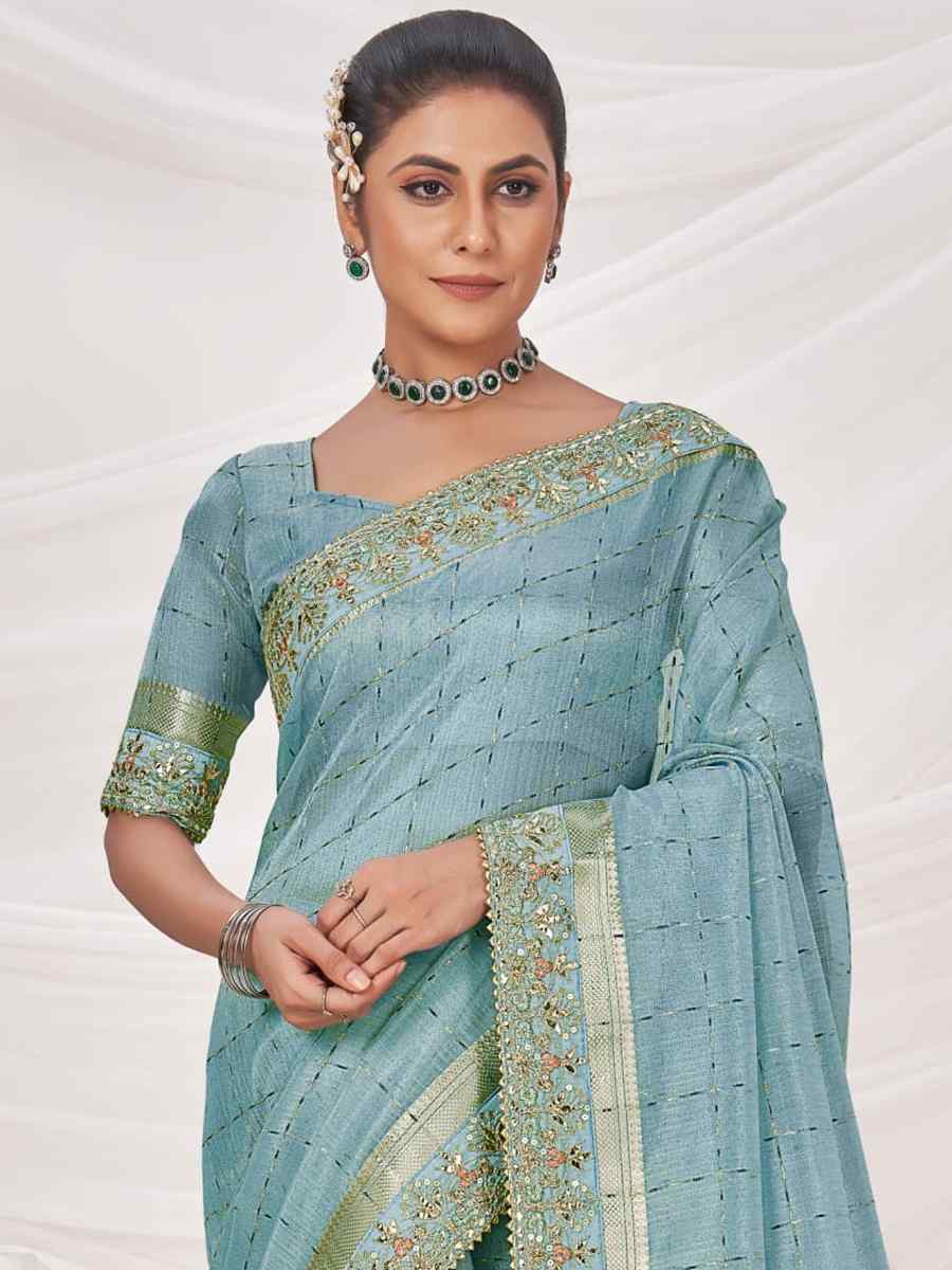 Sky Blue Banarasi Zari Silk Embroidered Wedding Festival Heavy Border Saree