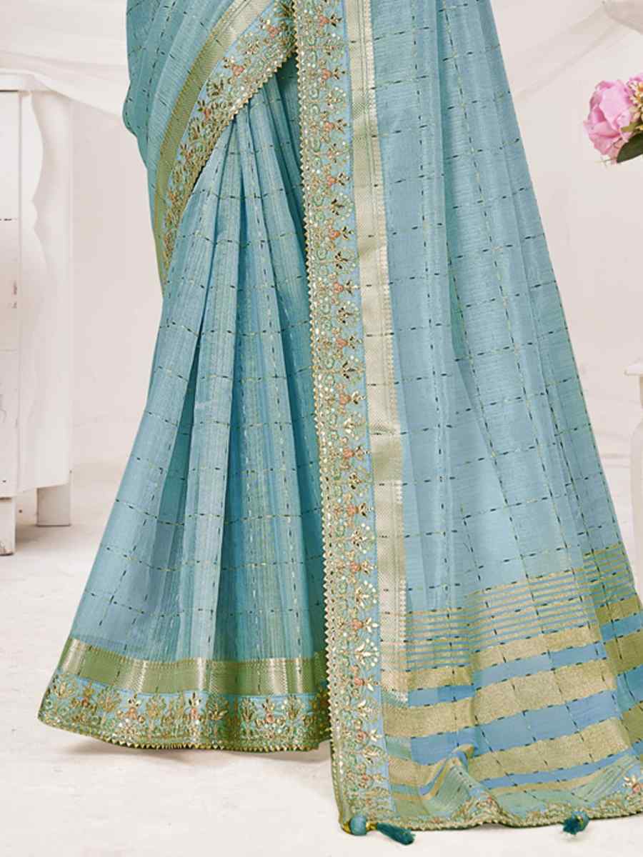 Sky Blue Banarasi Zari Silk Embroidered Wedding Festival Heavy Border Saree