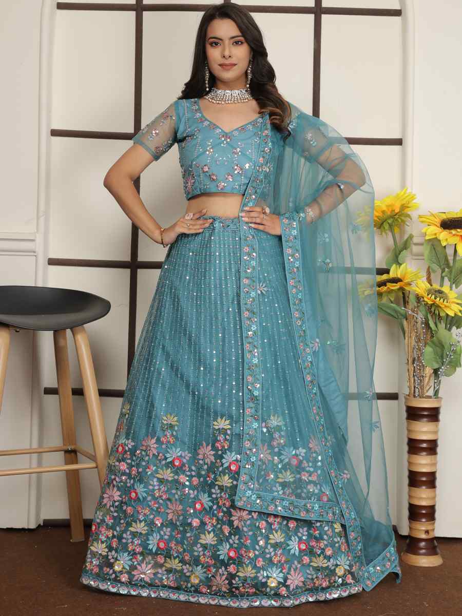 Sky Blue Butter Net Embroidered Bridesmaid Wedding Heavy Border Lehenga Choli