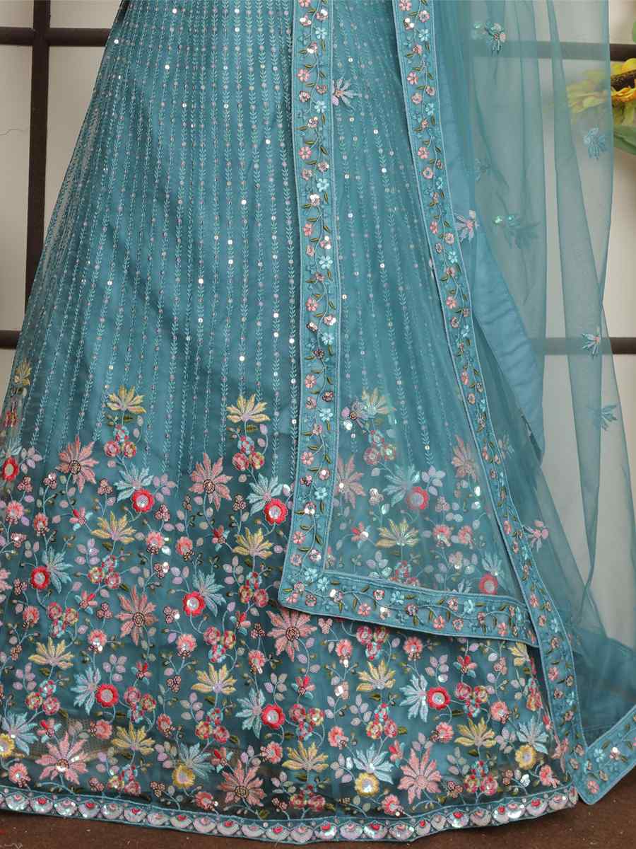 Sky Blue Butter Net Embroidered Bridesmaid Wedding Heavy Border Lehenga Choli