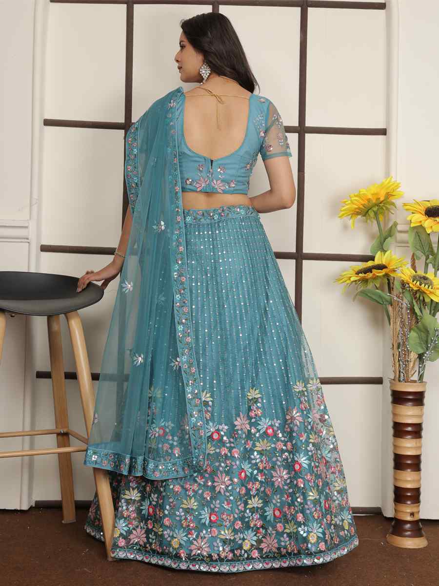 Sky Blue Butter Net Embroidered Bridesmaid Wedding Heavy Border Lehenga Choli