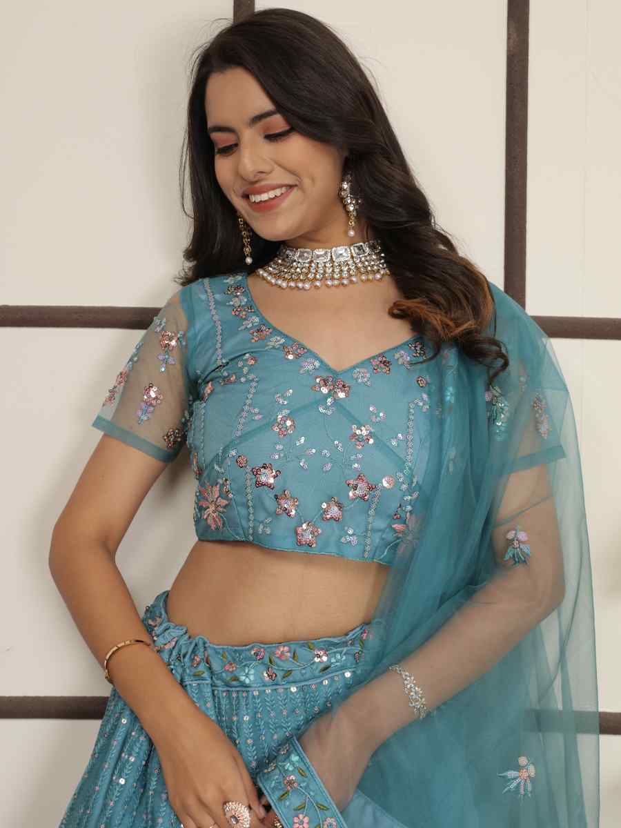 Sky Blue Butter Net Embroidered Bridesmaid Wedding Heavy Border Lehenga Choli