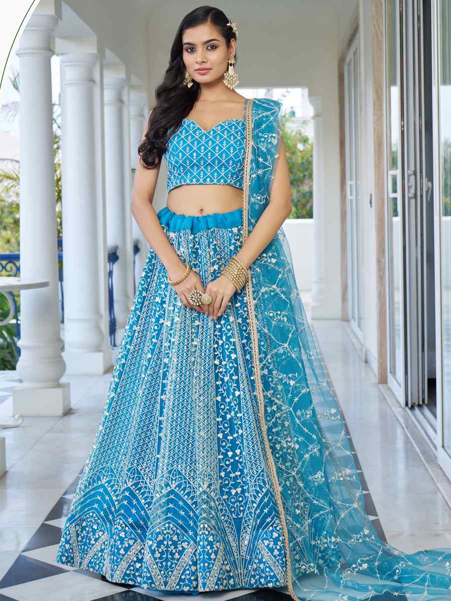 Sky Blue Butterfly Net Embroidery Reception Party Wear Heavy Border Lehenga Choli