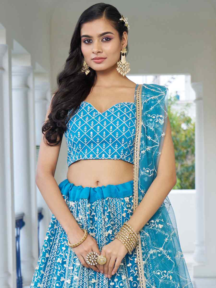 Sky Blue Butterfly Net Embroidery Reception Party Wear Heavy Border Lehenga Choli