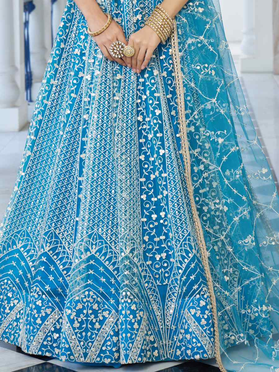 Sky Blue Butterfly Net Embroidery Reception Party Wear Heavy Border Lehenga Choli