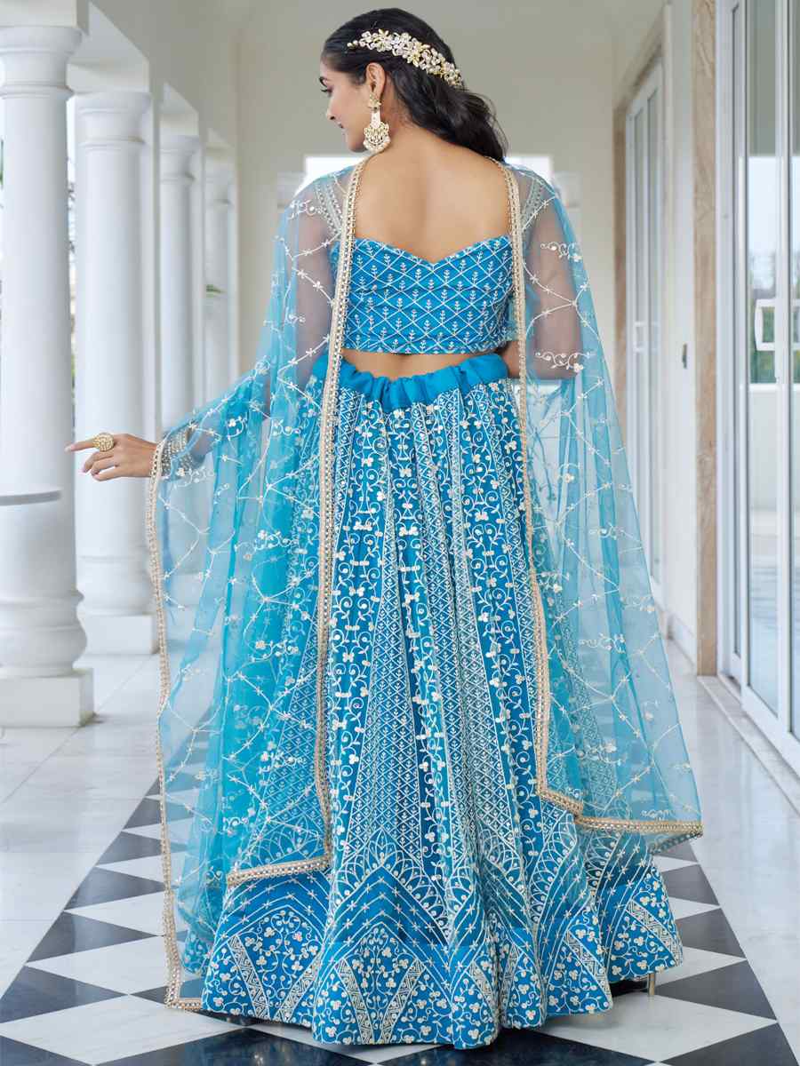 Sky Blue Butterfly Net Embroidery Reception Party Wear Heavy Border Lehenga Choli