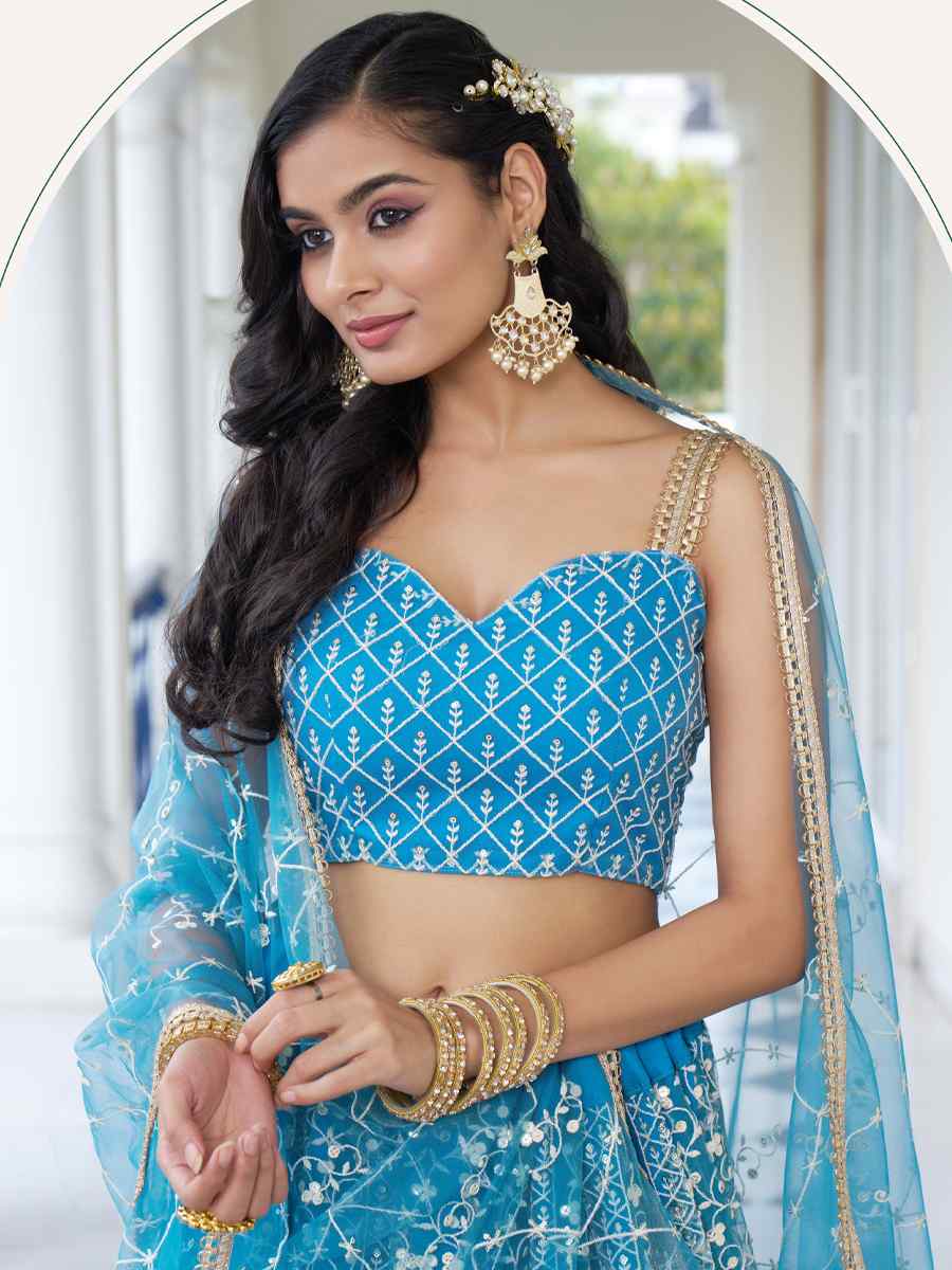 Sky Blue Butterfly Net Embroidery Reception Party Wear Heavy Border Lehenga Choli