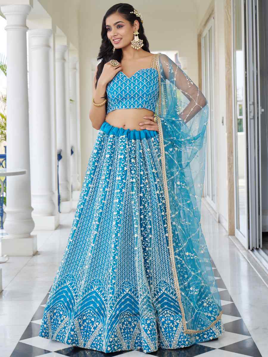 Sky Blue Butterfly Net Embroidery Reception Party Wear Heavy Border Lehenga Choli