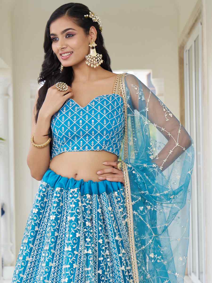 Sky Blue Butterfly Net Embroidery Reception Party Wear Heavy Border Lehenga Choli