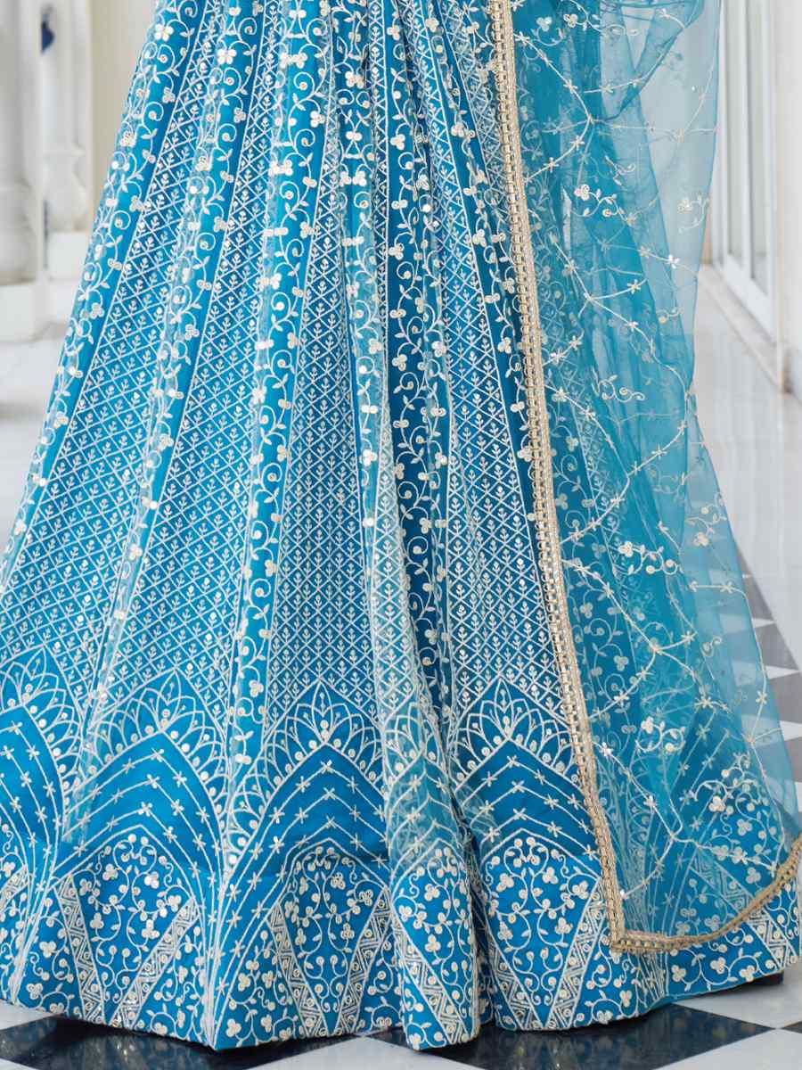 Sky Blue Butterfly Net Embroidery Reception Party Wear Heavy Border Lehenga Choli