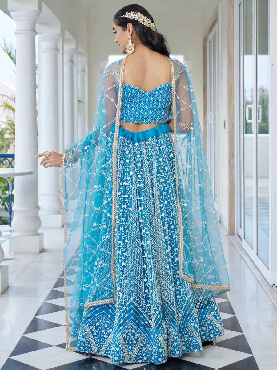 Sky Blue Butterfly Net Embroidery Reception Party Wear Heavy Border Lehenga Choli