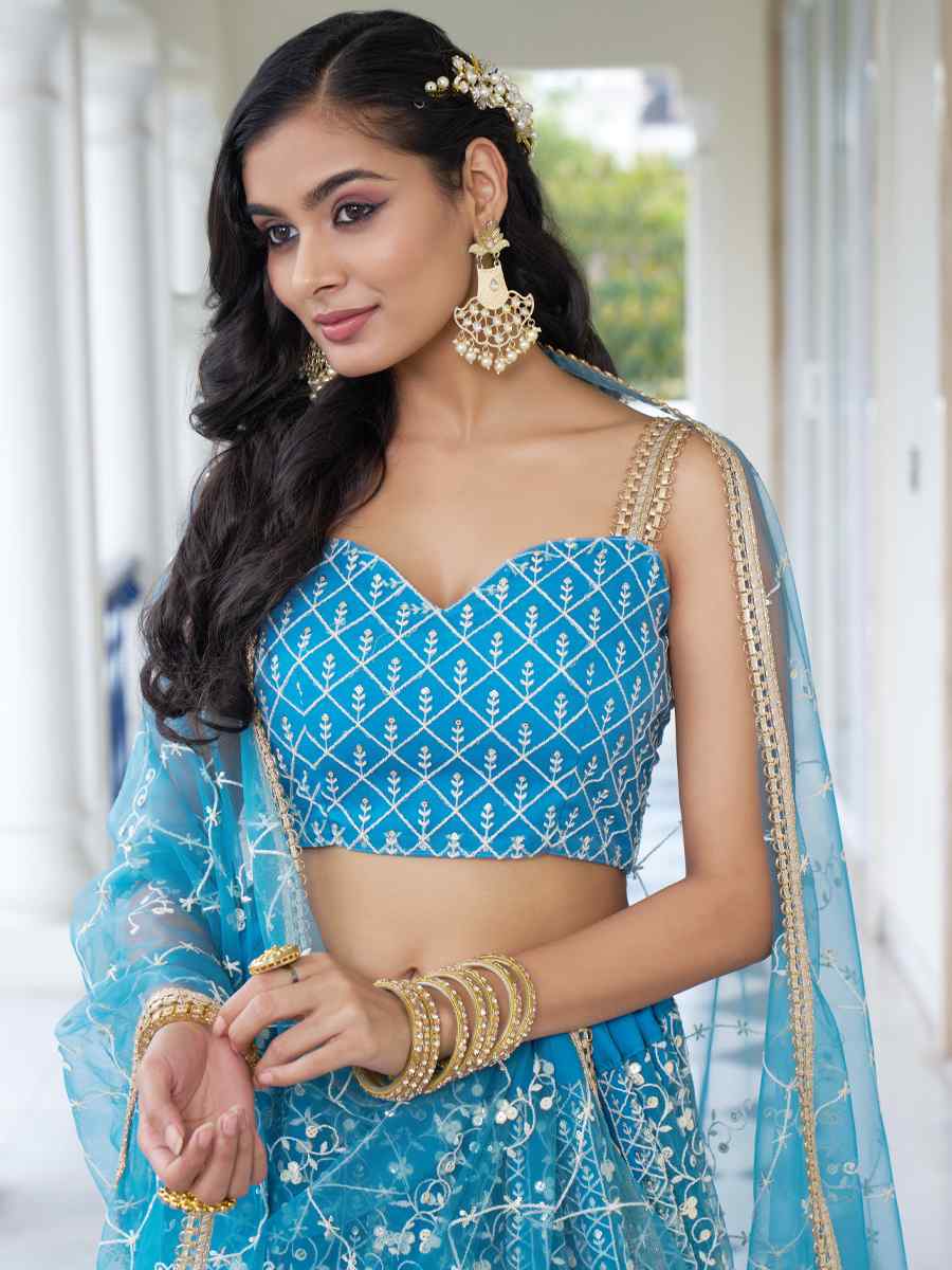 Sky Blue Butterfly Net Embroidery Reception Party Wear Heavy Border Lehenga Choli