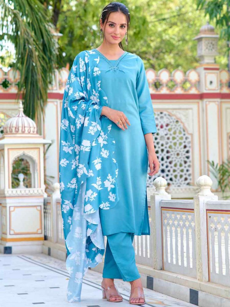 Sky Blue Chanderi Embroidered Festival Casual Ready Pant Salwar Kameez
