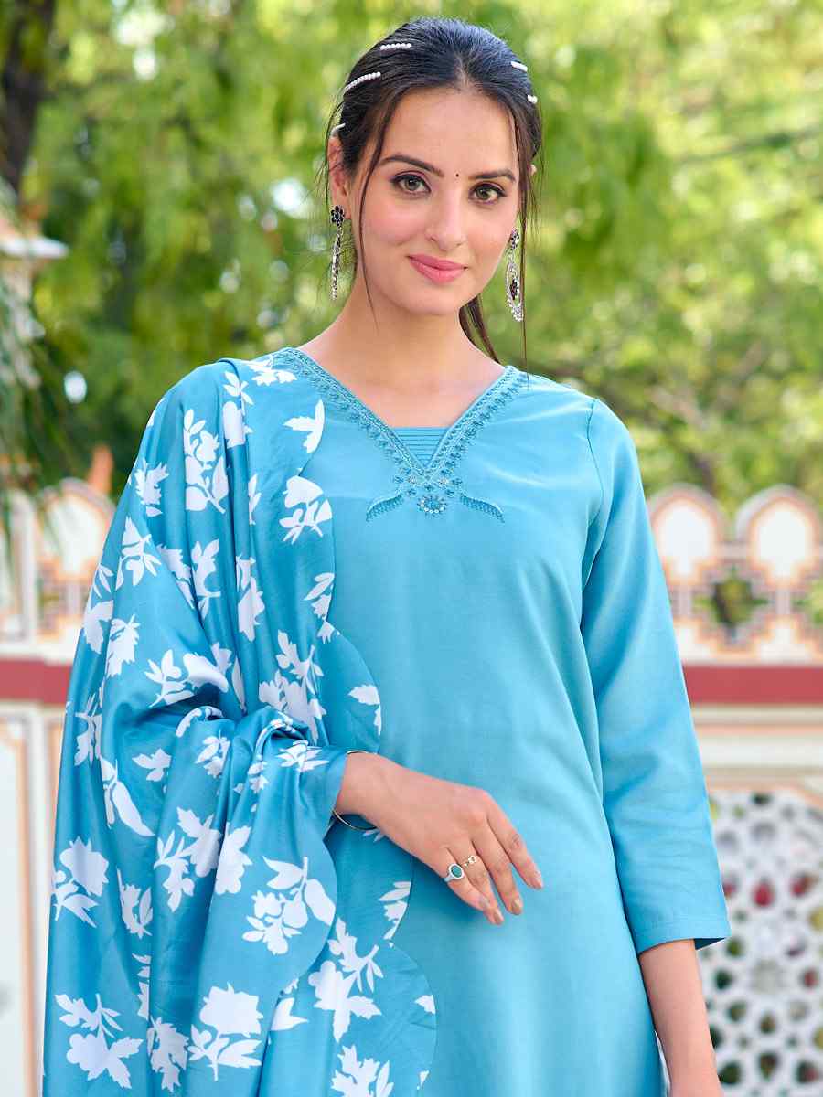 Sky Blue Chanderi Embroidered Festival Casual Ready Pant Salwar Kameez