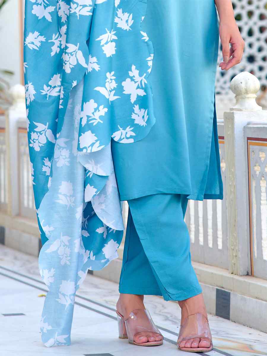 Sky Blue Chanderi Embroidered Festival Casual Ready Pant Salwar Kameez