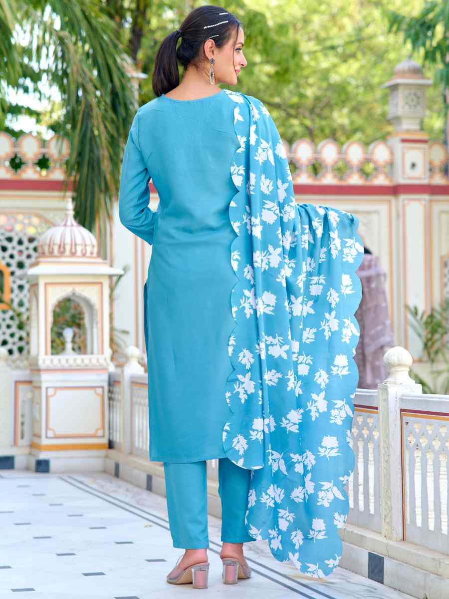 Sky Blue Chanderi Embroidered Festival Casual Ready Pant Salwar Kameez