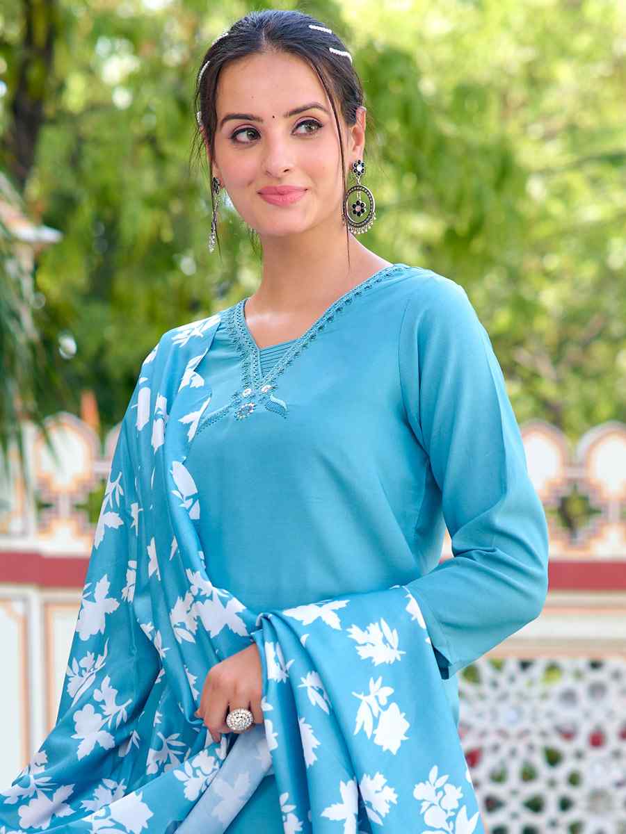 Sky Blue Chanderi Embroidered Festival Casual Ready Pant Salwar Kameez