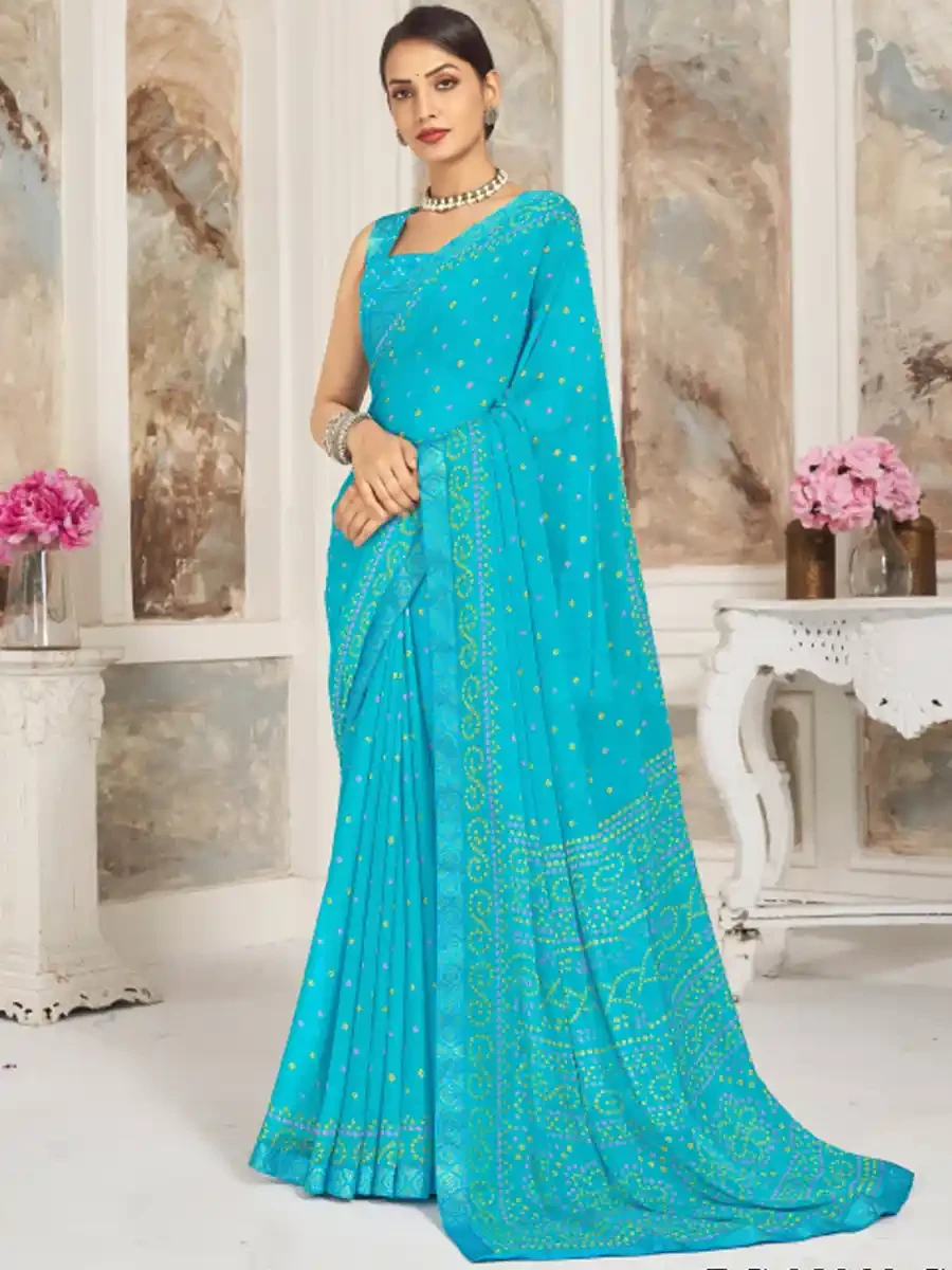 Sky Blue Chiffon Printed Festival Casual Contemporary Saree