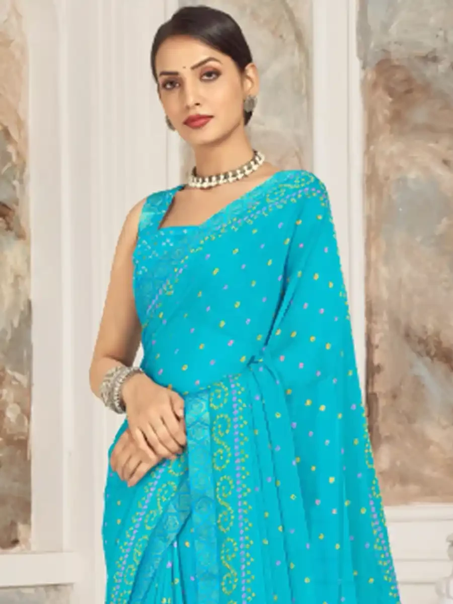 Sky Blue Chiffon Printed Festival Casual Contemporary Saree