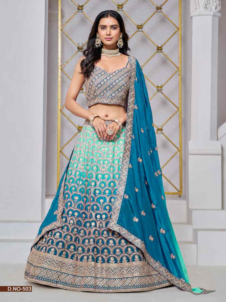 Sky Blue Chinon Embroidered Wedding Bridesmaid Heavy Border Lehenga Choli