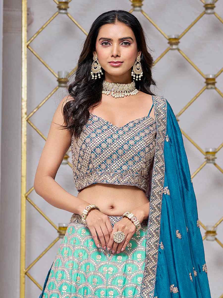 Sky Blue Chinon Embroidered Wedding Bridesmaid Heavy Border Lehenga Choli