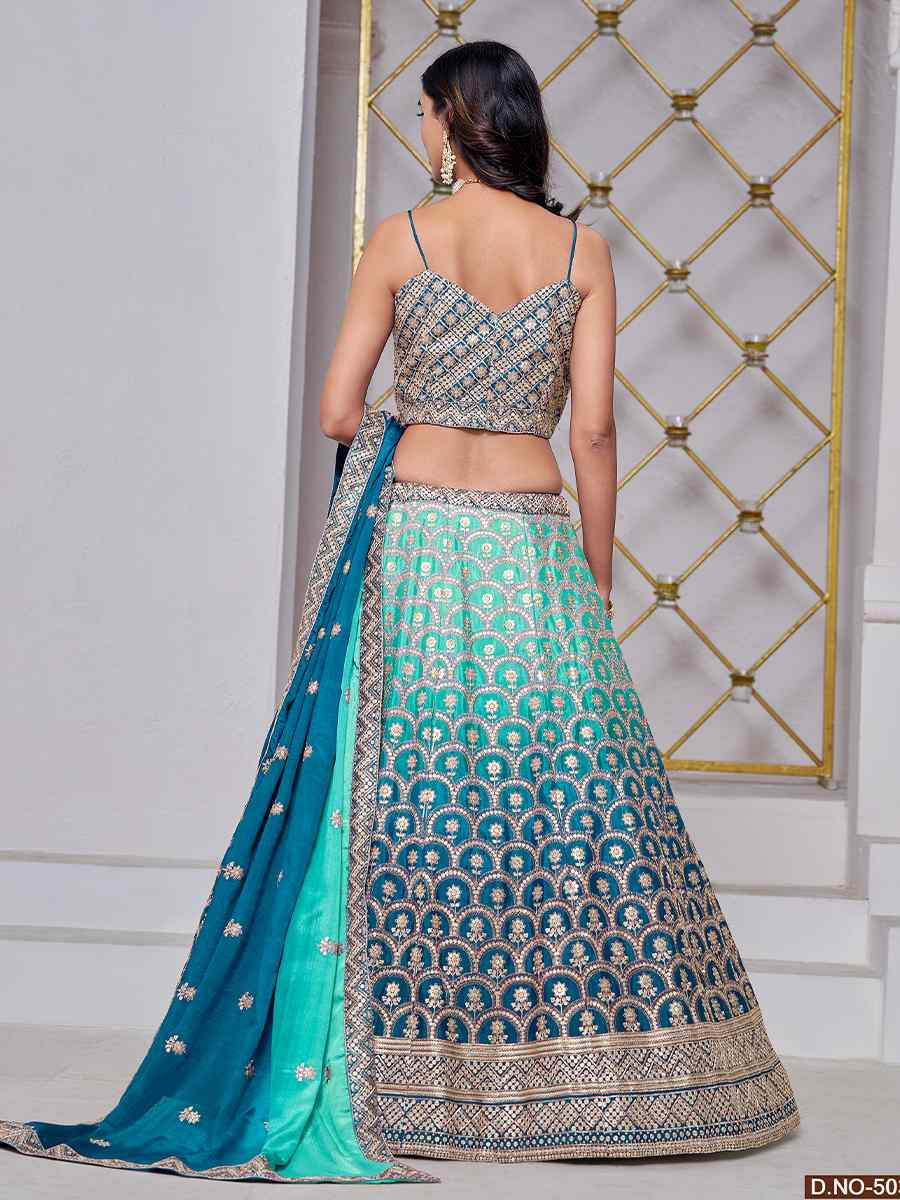 Sky Blue Chinon Embroidered Wedding Bridesmaid Heavy Border Lehenga Choli