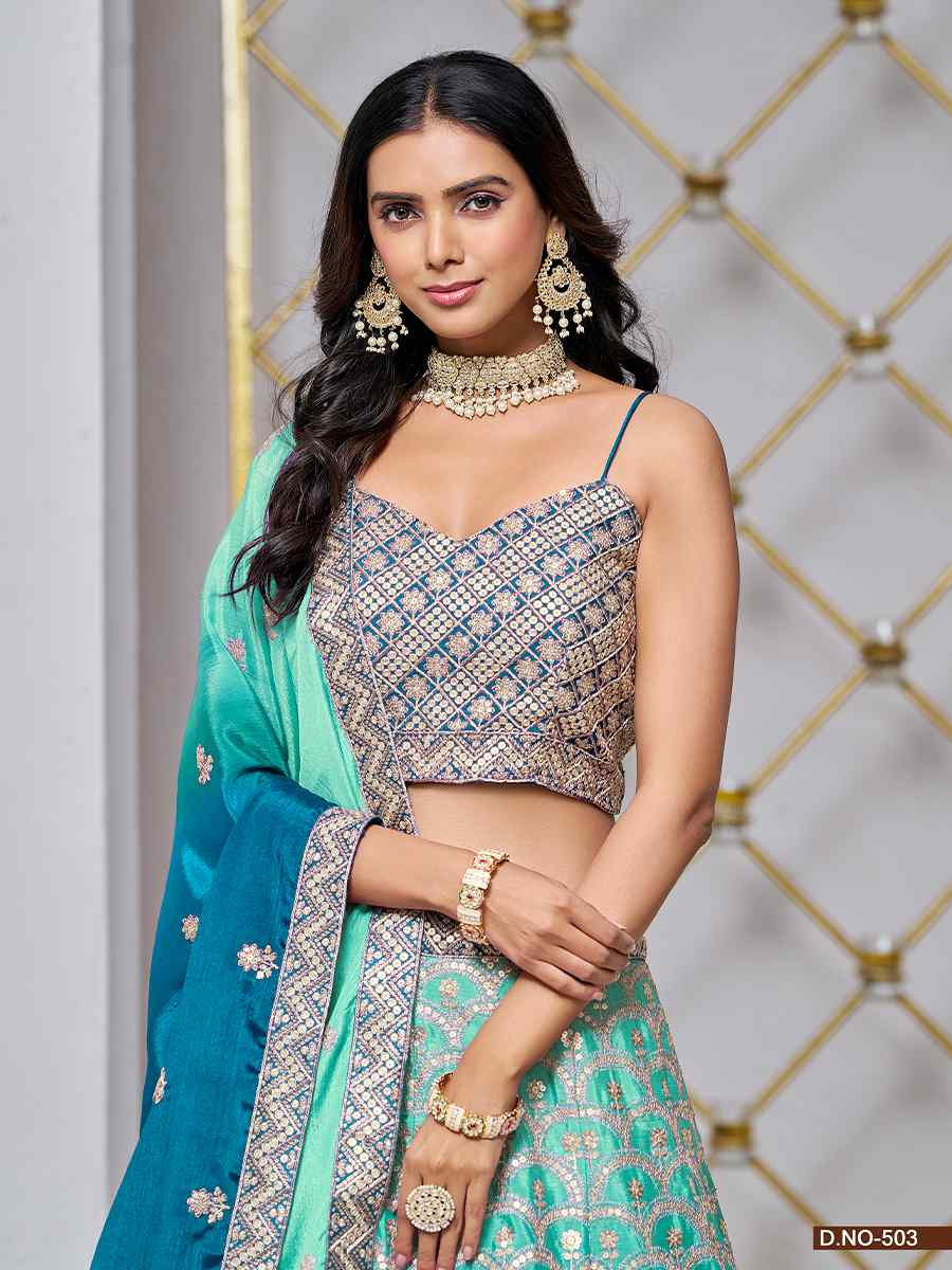 Sky Blue Chinon Embroidered Wedding Bridesmaid Heavy Border Lehenga Choli