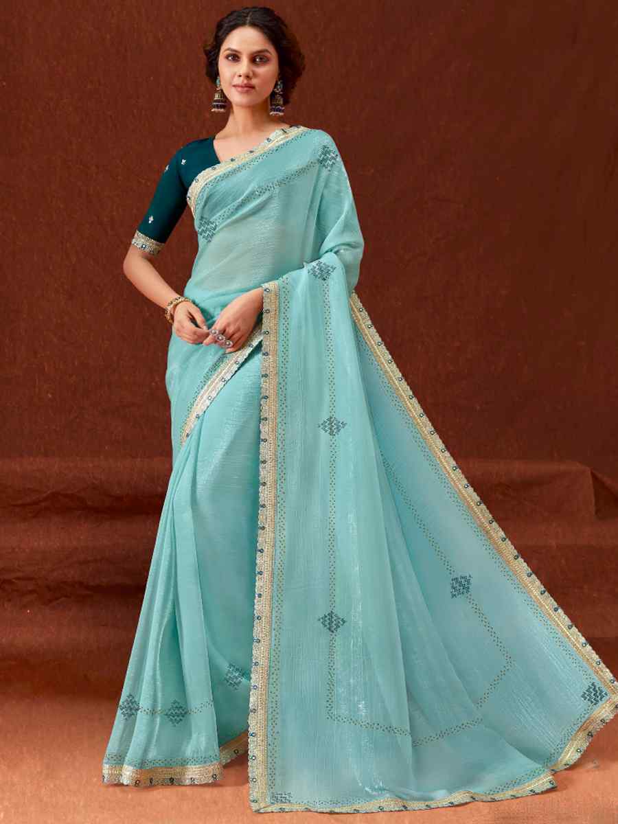 Sky Blue Chinon Embroidered Wedding Festival Heavy Border Saree