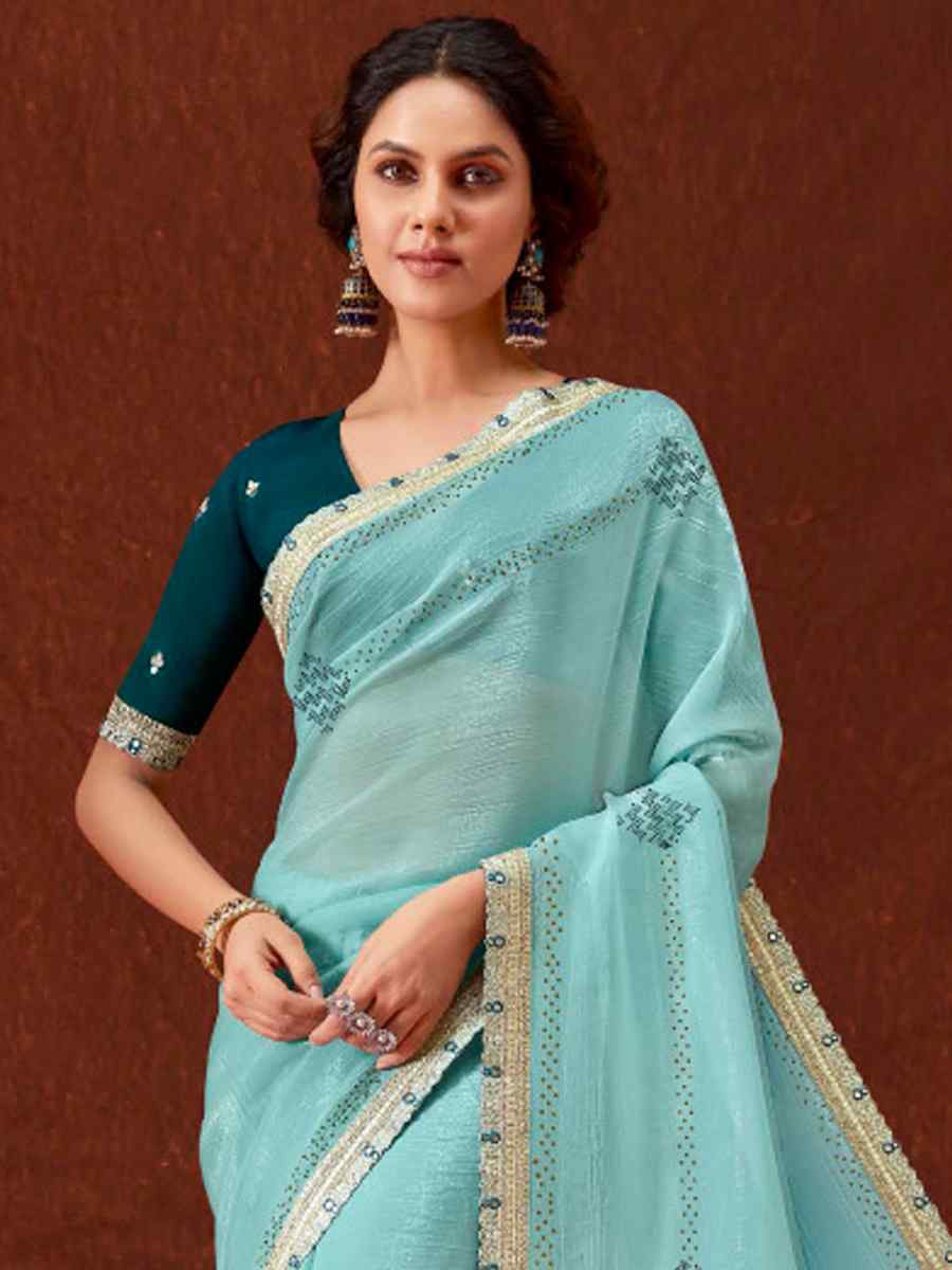 Sky Blue Chinon Embroidered Wedding Festival Heavy Border Saree