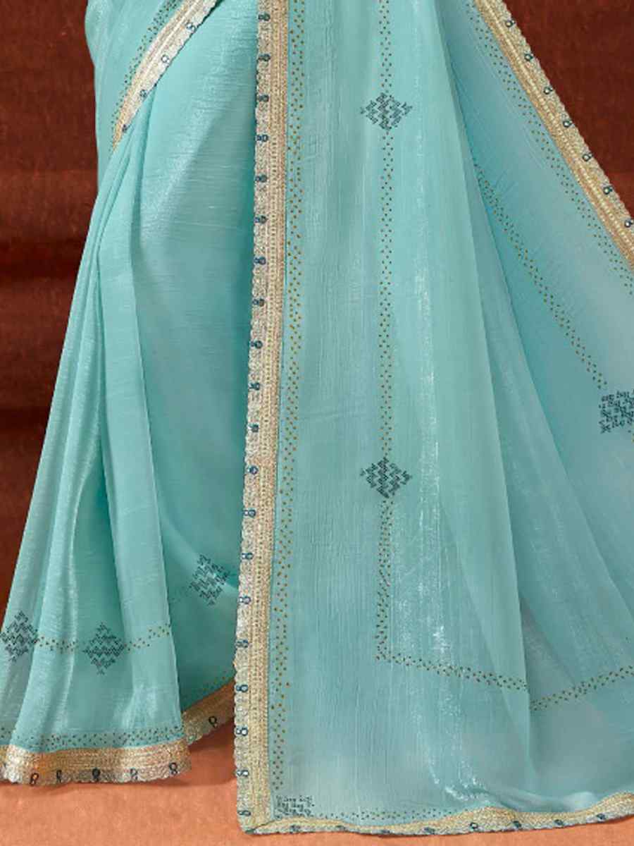 Sky Blue Chinon Embroidered Wedding Festival Heavy Border Saree