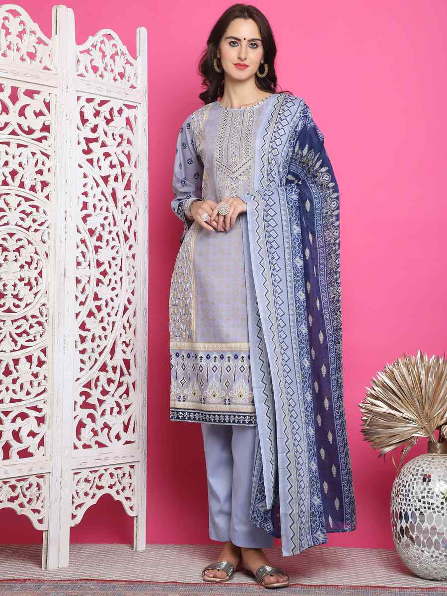 Sky Blue Cotton Embroidered Casual Festival Pant Salwar Kameez