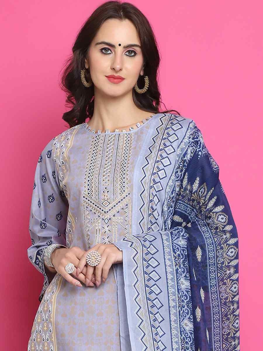 Sky Blue Cotton Embroidered Casual Festival Pant Salwar Kameez