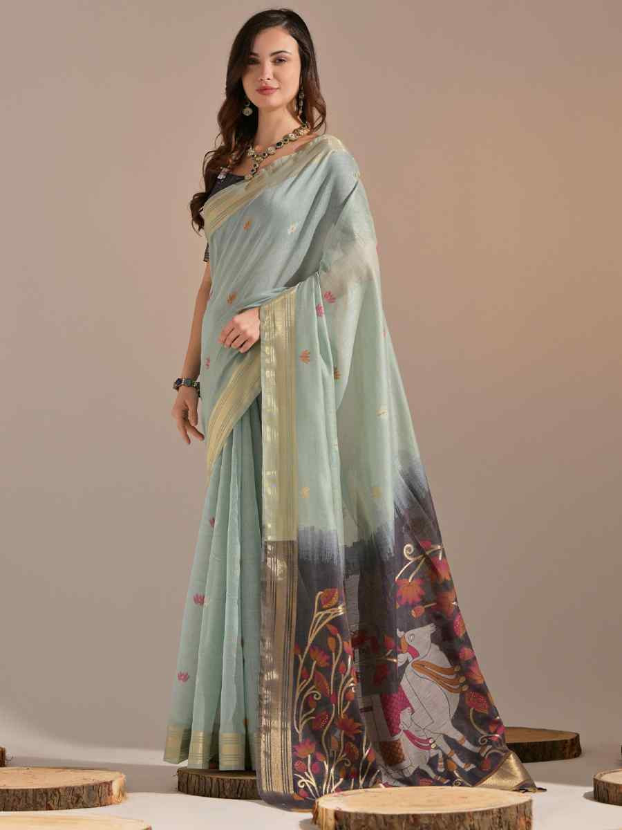 Sky Blue Cotton Handwoven Festival Casual Classic Style Saree