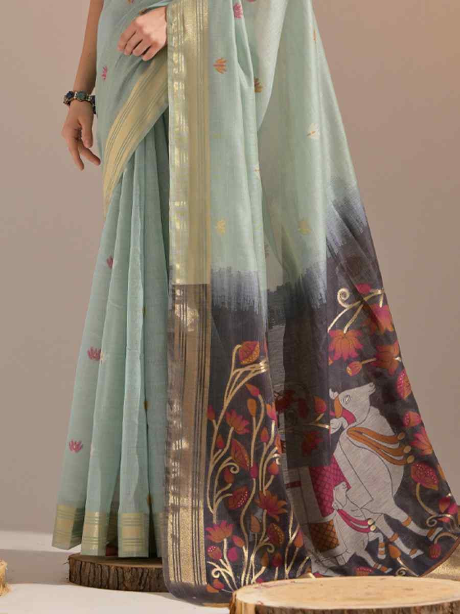 Sky Blue Cotton Handwoven Festival Casual Classic Style Saree