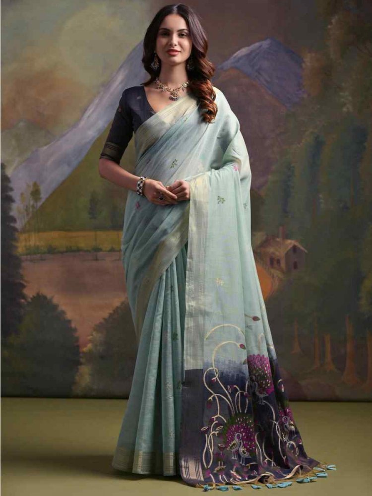 Sky Blue Cotton Handwoven Festival Casual Classic Style Saree