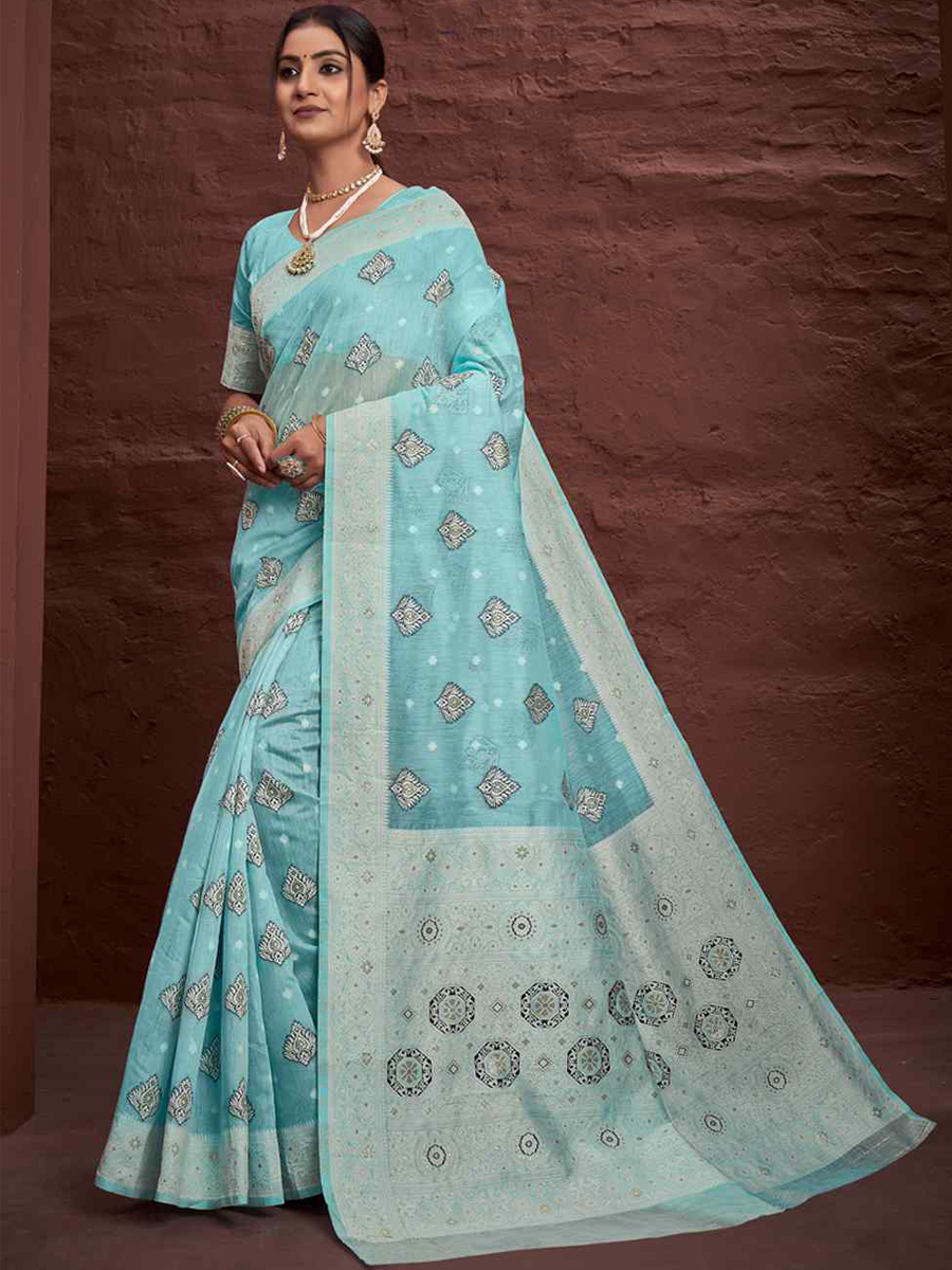 Sky Blue Cotton Handwoven Wedding Festival Heavy Border Saree