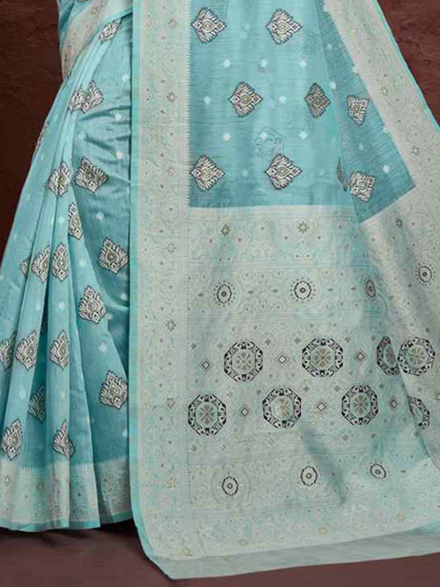 Sky Blue Cotton Handwoven Wedding Festival Heavy Border Saree