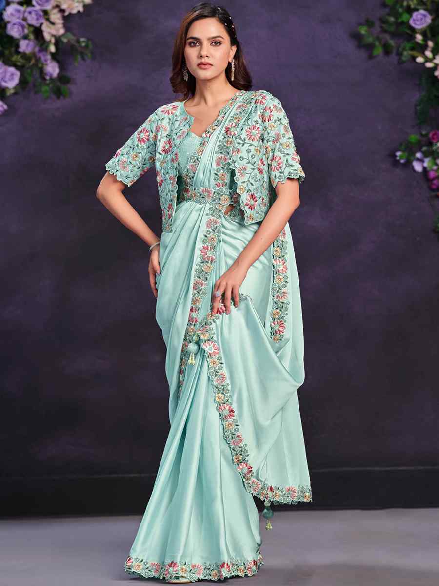 Sky Blue Crepe Satin Silk Embroidered Wedding Party Heavy Border Saree