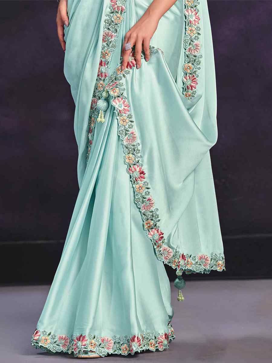 Sky Blue Crepe Satin Silk Embroidered Wedding Party Heavy Border Saree