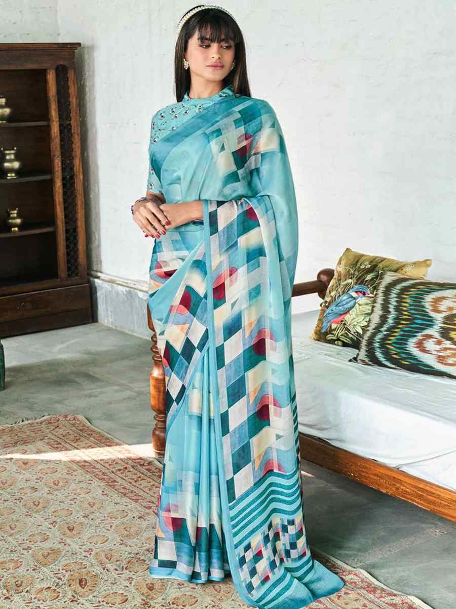 Sky Blue Crepe Soft Silk Printed Festival Casual Contemporary Saree