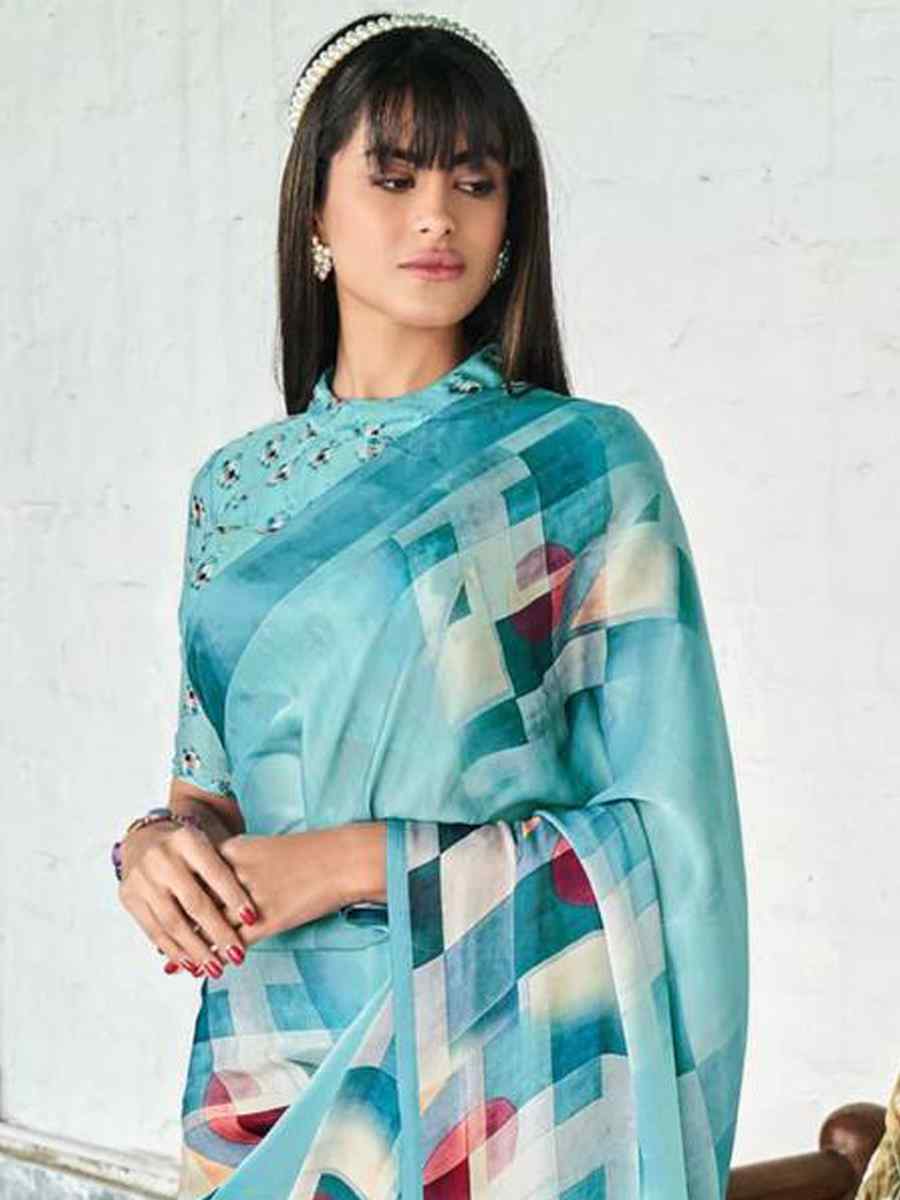 Sky Blue Crepe Soft Silk Printed Festival Casual Contemporary Saree