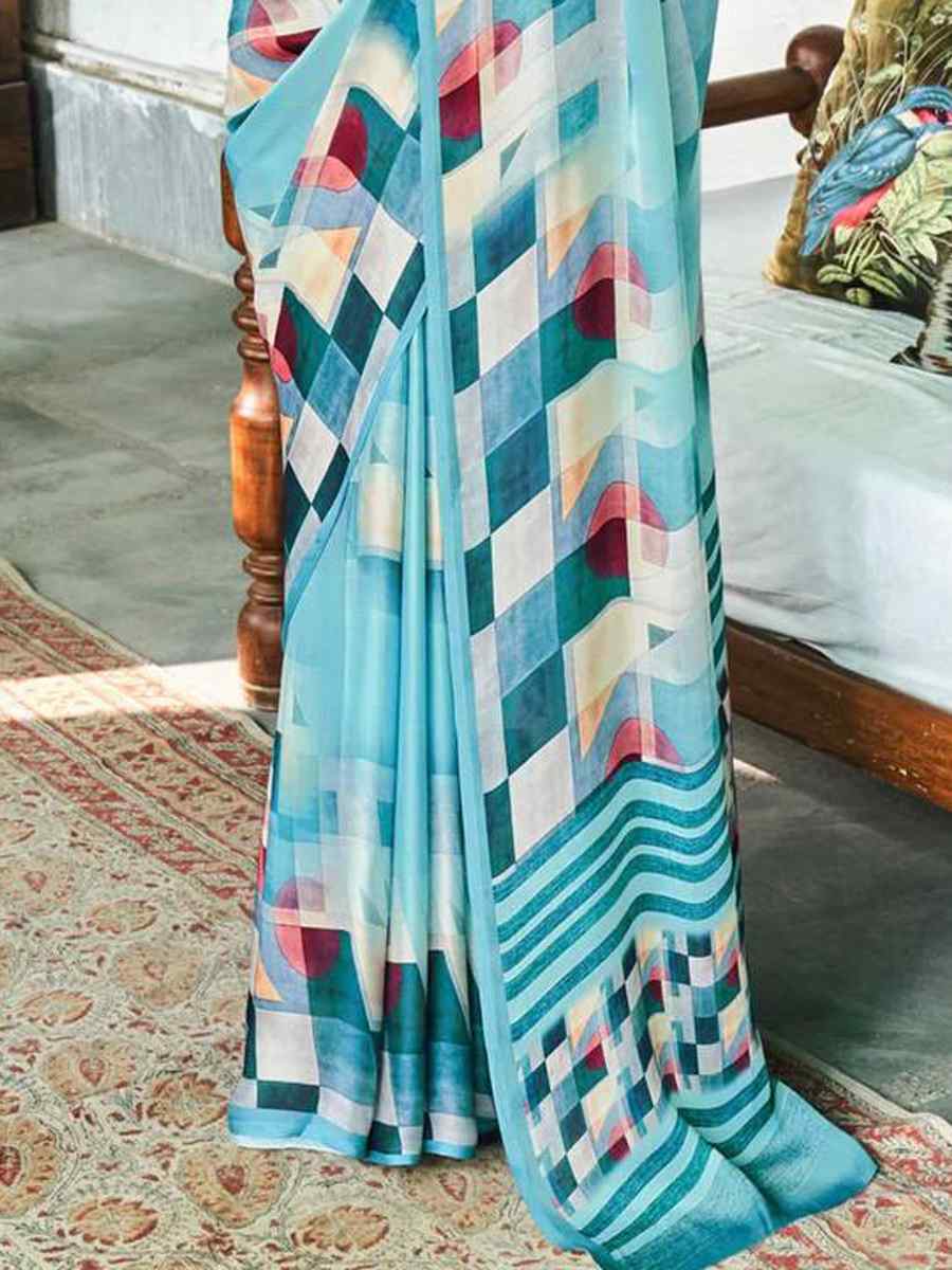 Sky Blue Crepe Soft Silk Printed Festival Casual Contemporary Saree